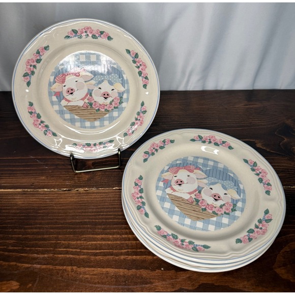 Tienshan Other - VTG Tienshan Stoneware Pig Pals Salad Plates Set of 4 Country Farmhouse  7.5 in